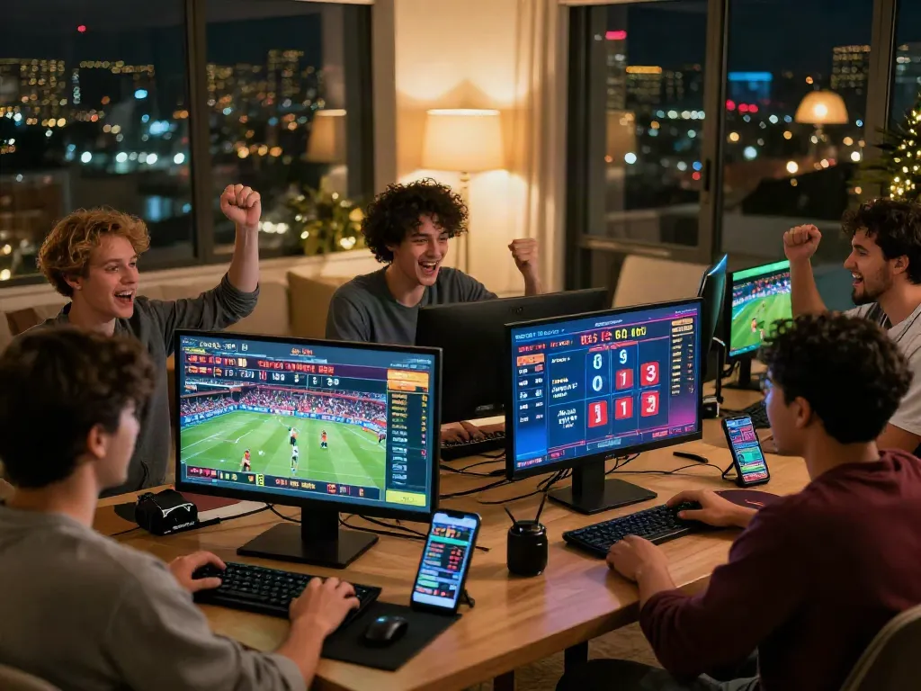 Engaging scene of online betting users celebrating wins at NHÀ CÁI ALO8 with sports event displays.