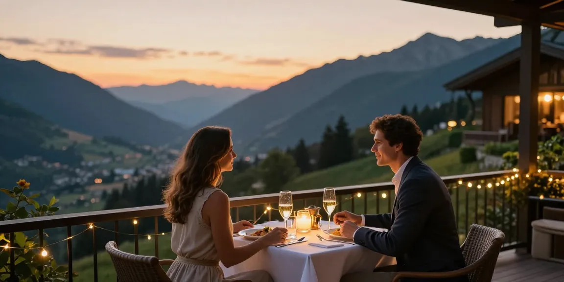 Momen mewah LUXURY111 saat pasangan menikmati makan malam romantis dengan pemandangan resort pegunungan yang indah.