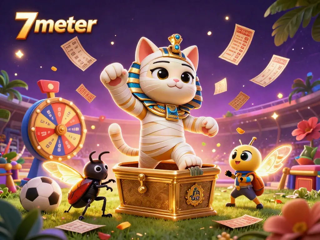 Experience sports betting excitement with 7meter in a vibrant scene featuring a mummy cat and dynamic game elements.