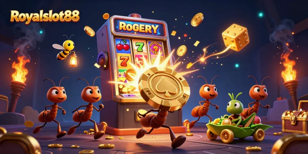 Royalslot88 menghadirkan tim semut kartun mencuri chip poker emas yang besar, dikelilingi unsur slot dan koin emas.