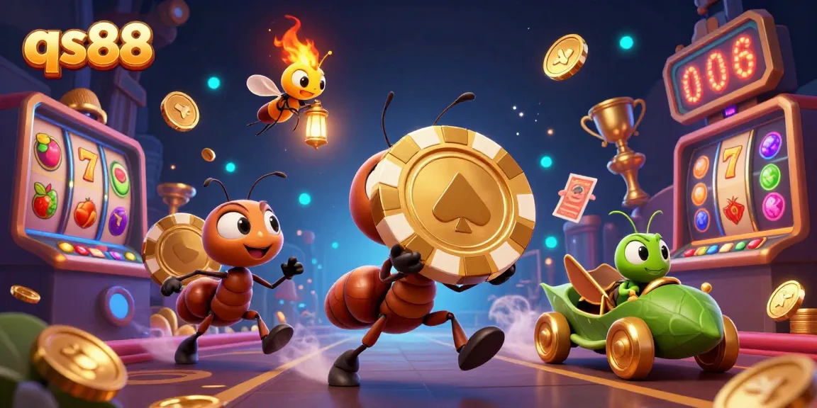 Dynamic illustration showcasing qs88 with ants engaged in a thrilling casino heist, surrounded by slots and golden chips.