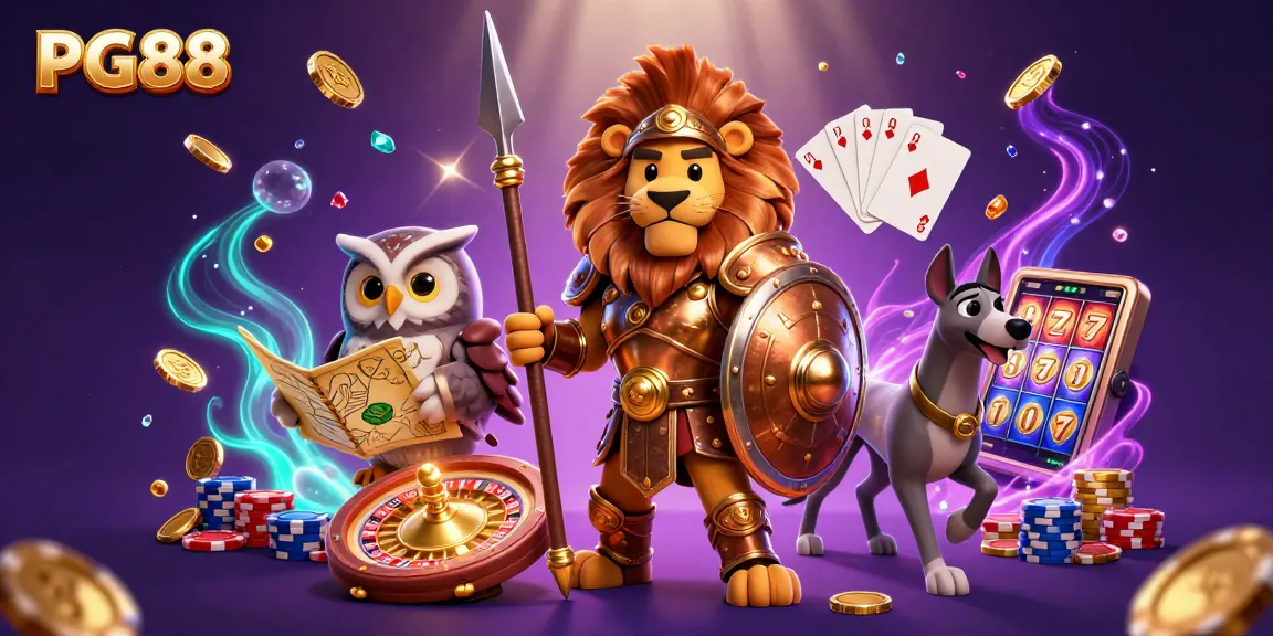 Win big with PG88 at an exciting casino scene featuring a Spartan lion and dynamic game elements.