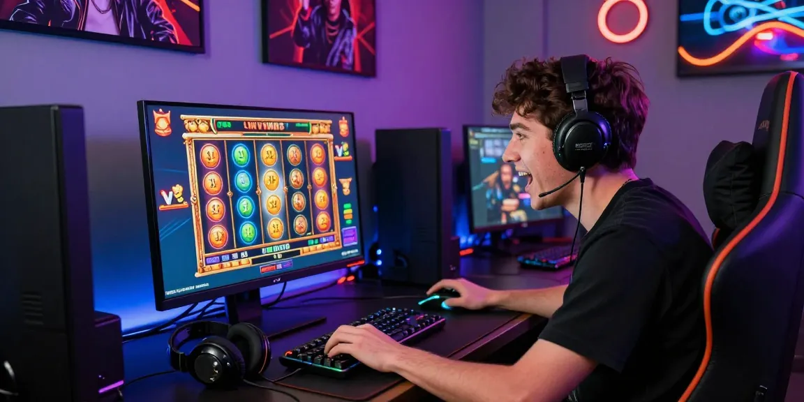 Penggemar slot bermain di komputer dengan jackpot besar, suasana gaming yang menarik.