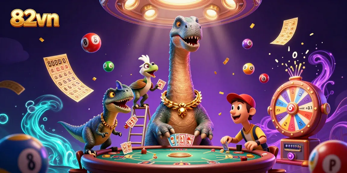 Experience thrilling gameplay with 82vn featuring a giant brontosaurus in a vibrant casino.