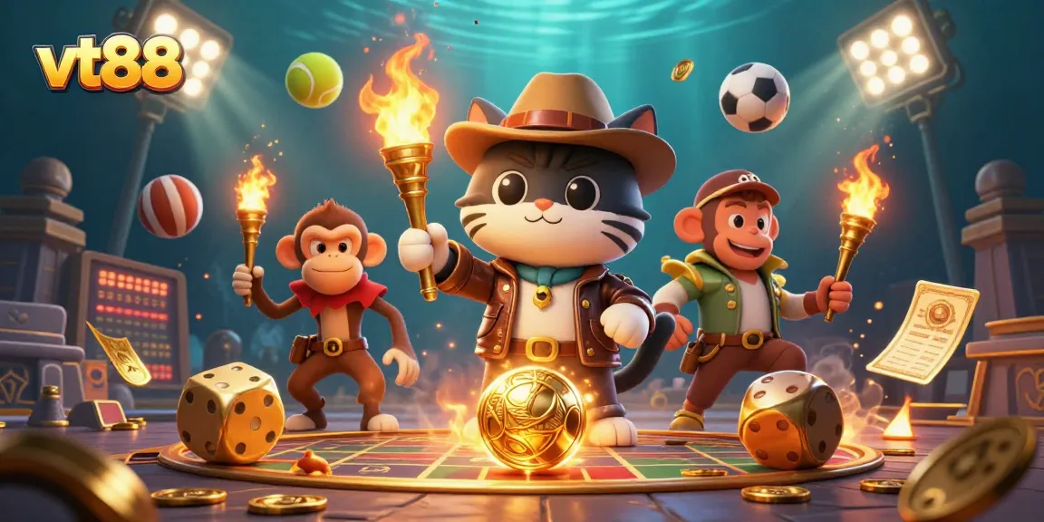 vt88 engages players with a thrilling casino adventure, featuring an explorative cat and monkey amid vibrant gambling elements.