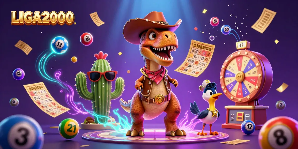 LIGA2000 menyerbu adegan jackpot menampilkan koboi T-Rex, elemen lotere yang hidup, dan aksi mendebarkan.