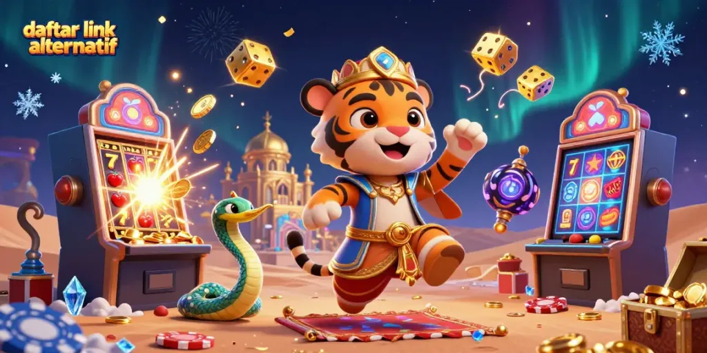 Ilustrasi 3D menunjukkan daftar link slot alternatif dengan karakter sultan, mesin slot, dan keberuntungan kasino.