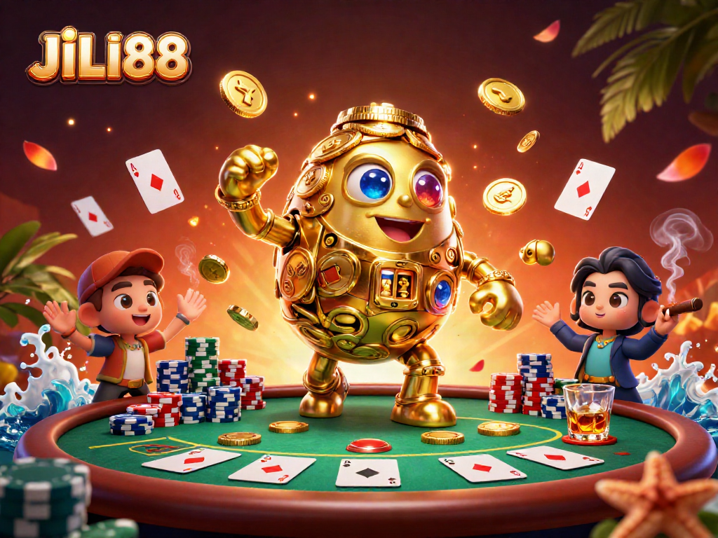 Experience JILI88 with a golden golem surrounded by dynamic poker elements in a vibrant casino scene.