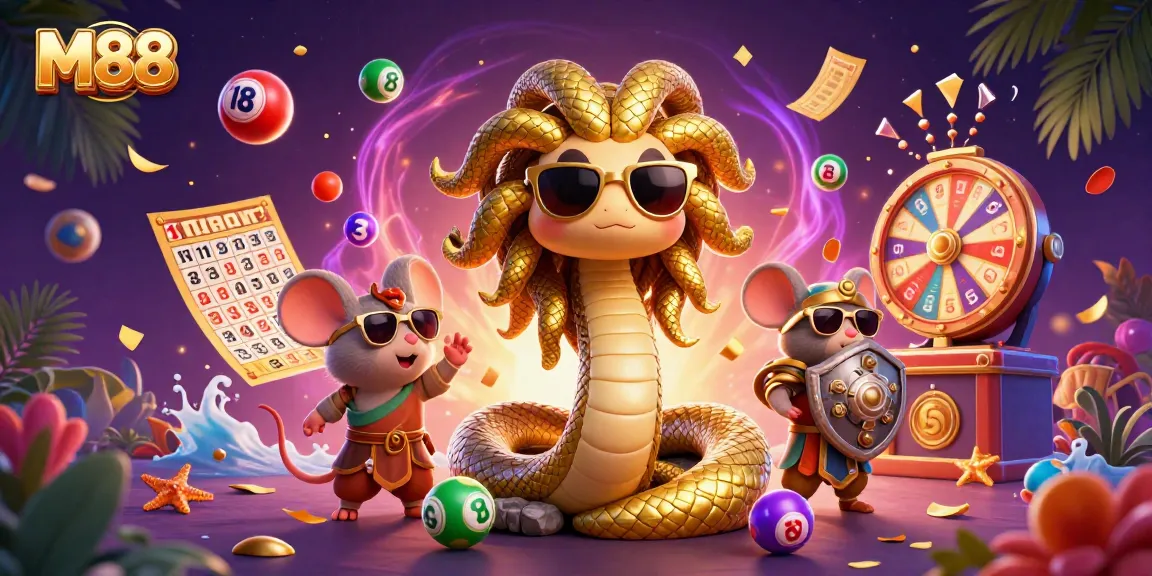 M88 mempromosikan suasana lotere dengan Medusa imut dan mouse pejuang di antara bola undian berwarna-warni.