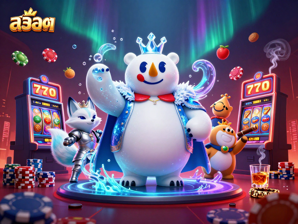 Experience สล็อต action with vibrant slot machines, poker chips, and animated polar characters.