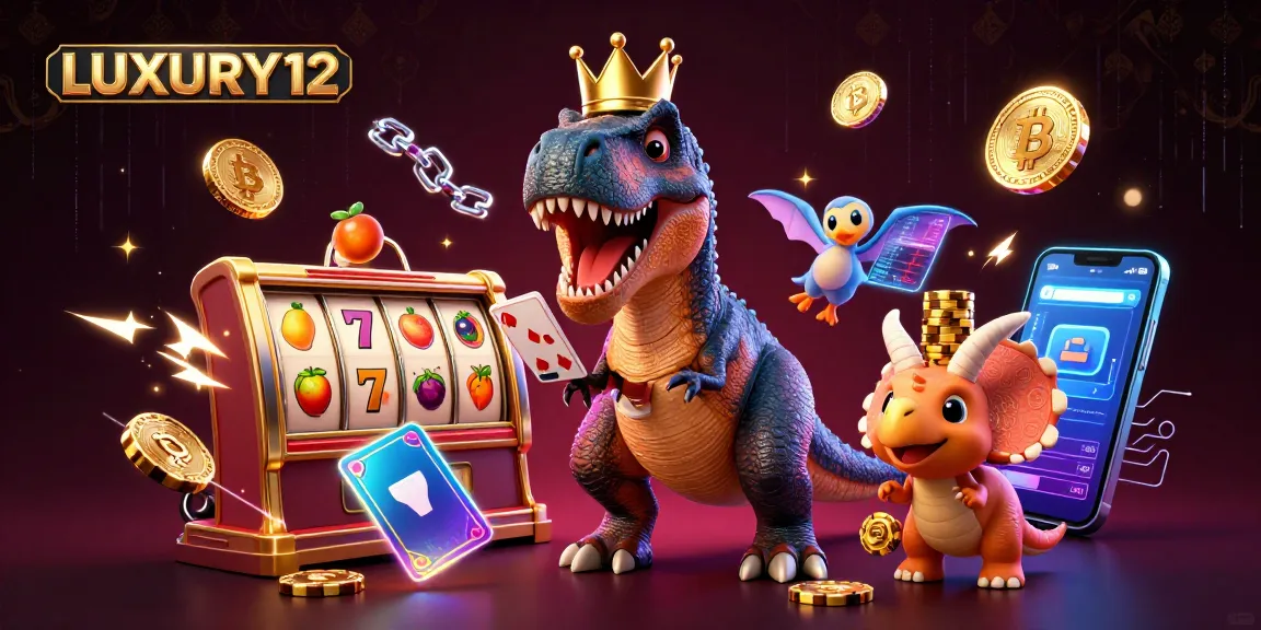 LUXURY12 offers thrilling casino entertainment as friendly dinosaur characters play cards and stack chips.
