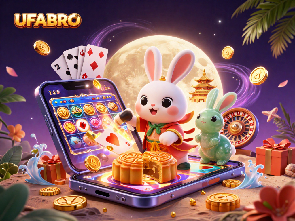 Experience UFABRO's thrilling gaming world with the moon rabbit and poker chips amidst vibrant casino elements.