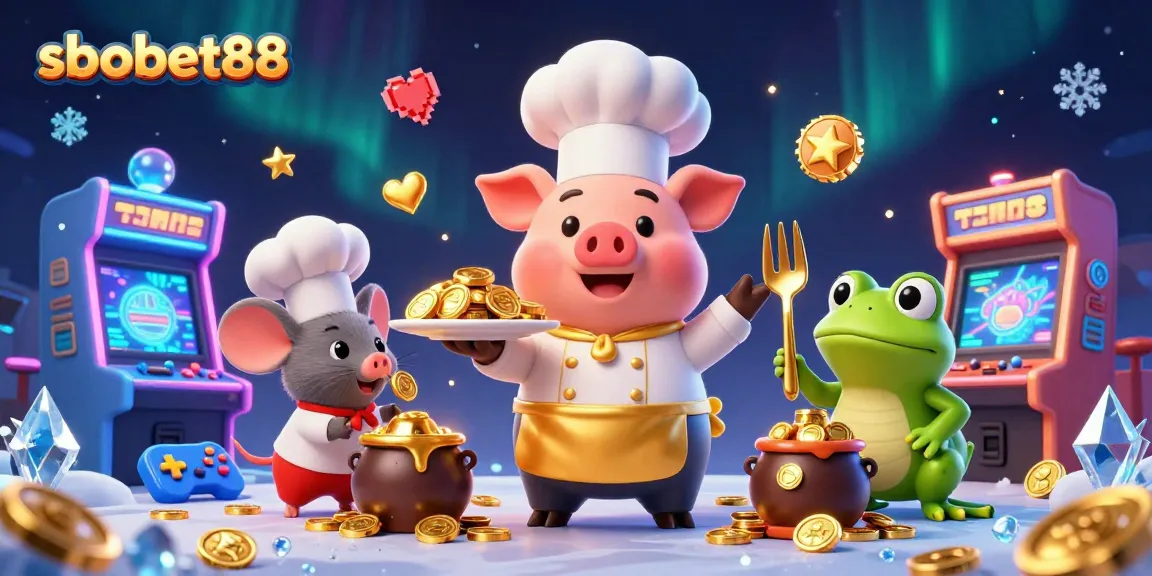 Sbobet88 boosts your winnings with a festive casino scene featuring cheerful characters and golden delights.