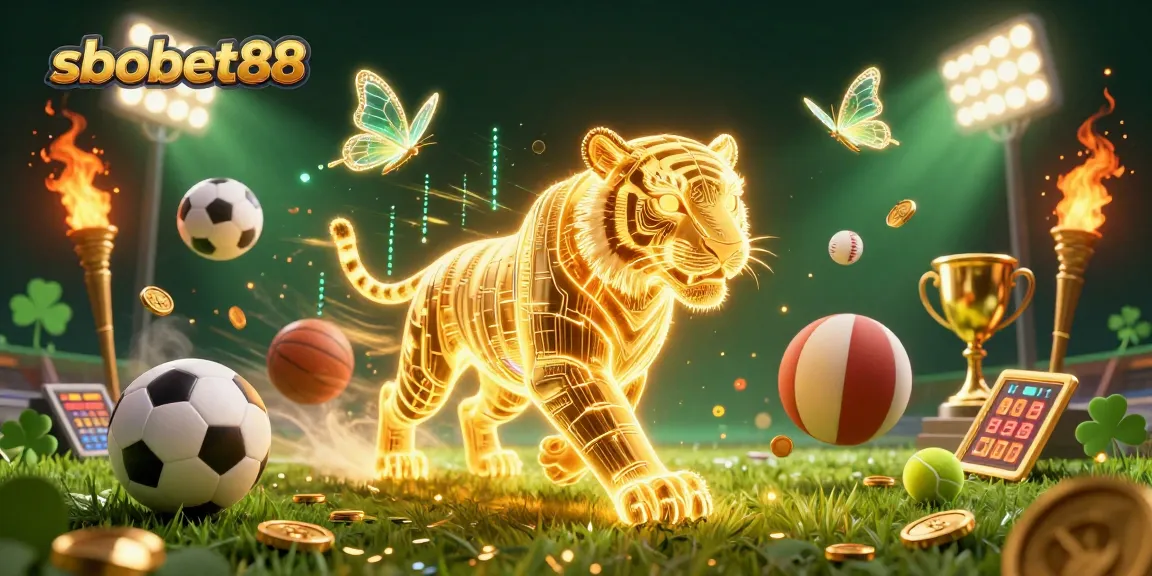Engage with sbobet88 in a dynamic sports betting landscape featuring a neon tiger and holographic butterflies.