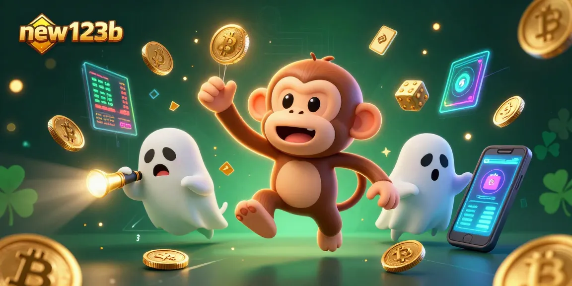 Experience exciting gaming at new123b with a poltergeist monkey and ghost-hunter puppy in a thrilling casino scene.