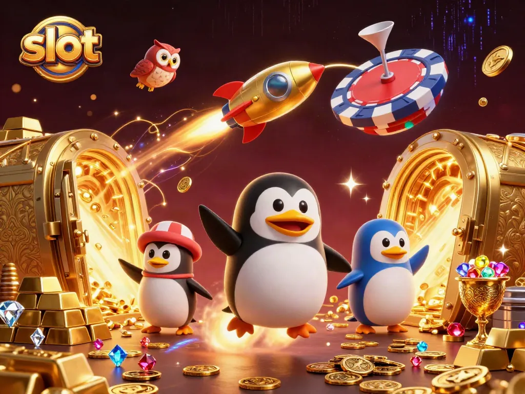 Menangkan slot dengan penguin emas bertopeng roket meluncur ke stasiun kasino yang megah.