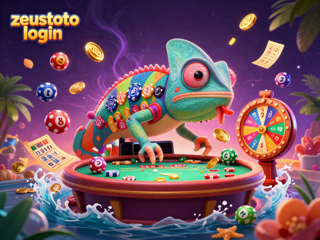 Experience the excitement of zeustoto login with a vibrant casino scene featuring a chameleon owner and dynamic game elements.