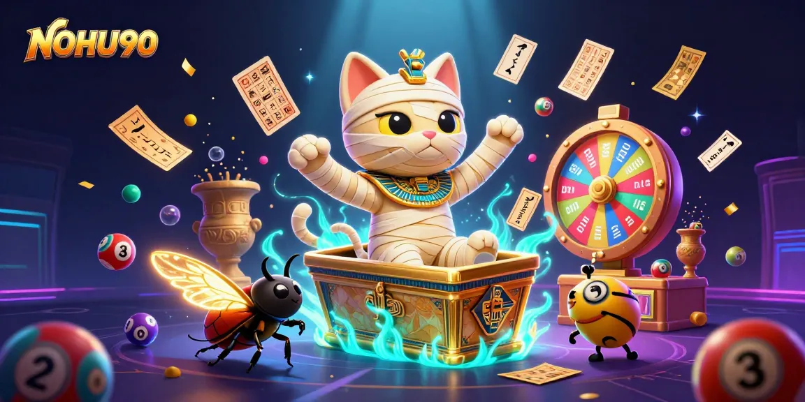 Spin and win with NOHU90 in this vibrant casino scene featuring dynamic lottery elements.