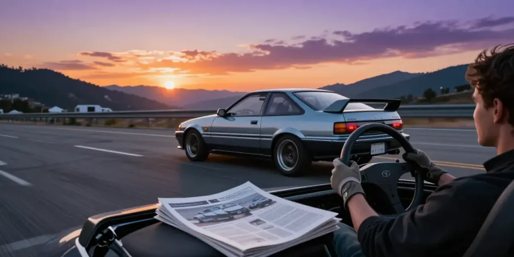 A80 platform sports car speeding on a scenic highway at sunset.