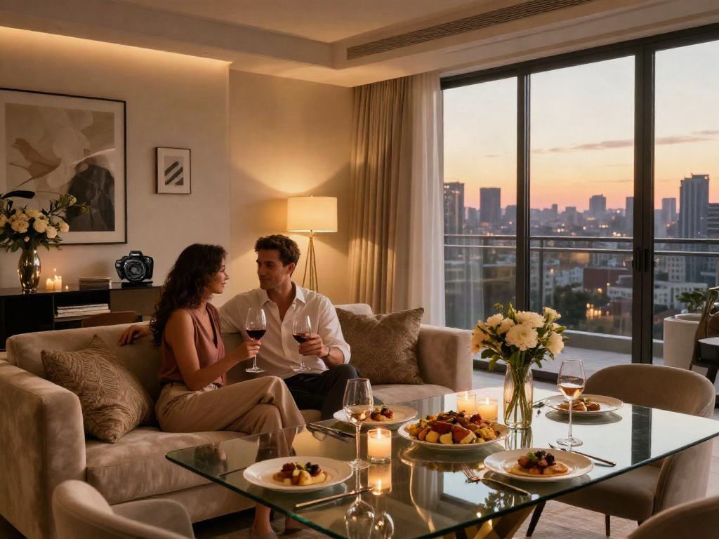 LUXURY 111: Pasangan menikmati anggur di apartemen mewah dengan pemandangan kota yang indah.