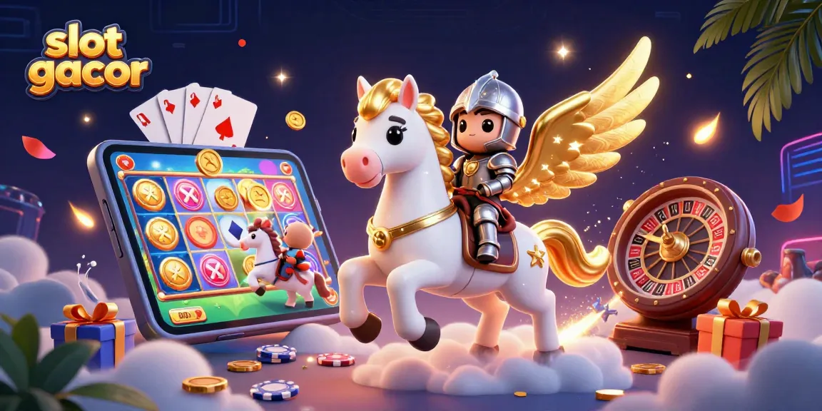 Menangkan slot gacor dengan karakter kuda bersayap dan elemen permainan di latar belakang magis.