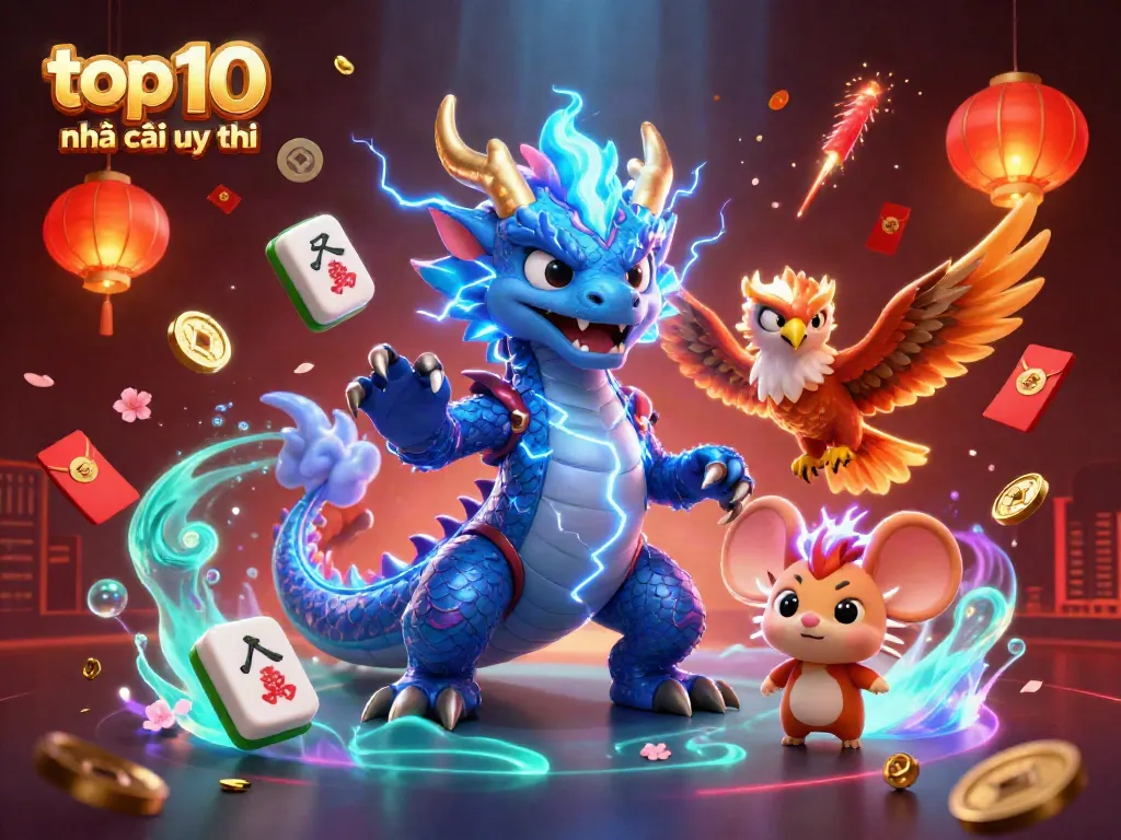 Engage with the top 10 nhà cái uy tín as a thunder dragon, wind hawk, and thunder mouse celebrate in a vibrant casino scene.