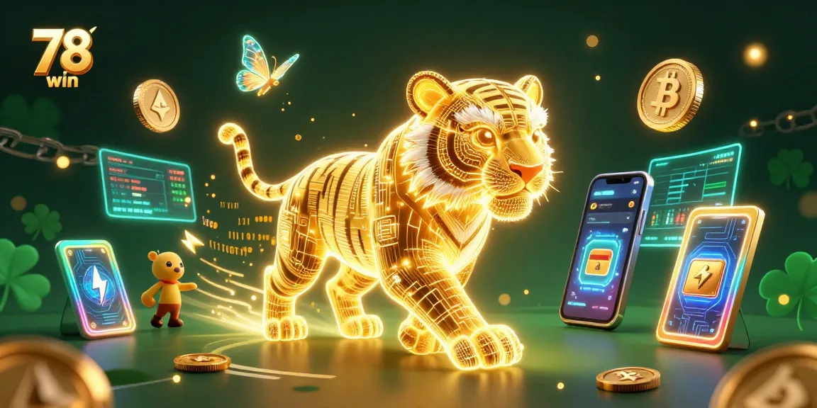 Engage with the 78 win casino experience featuring a neon tiger amidst digital currency representations.