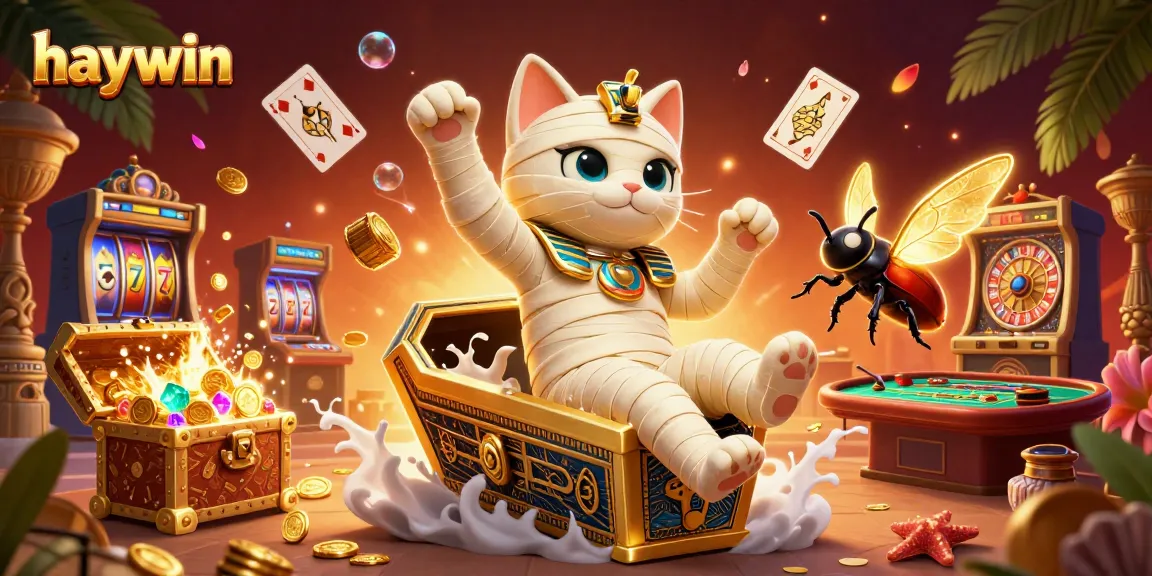 Experience thrilling gameplay at haywin with a vibrant illustration of a mummy cat in a bustling casino.