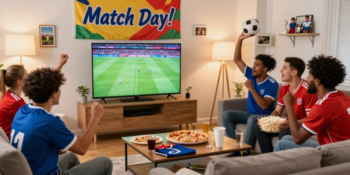 Exciting live soccer match viewing party at home with fans enjoying snacks, representing ihdsports.com.