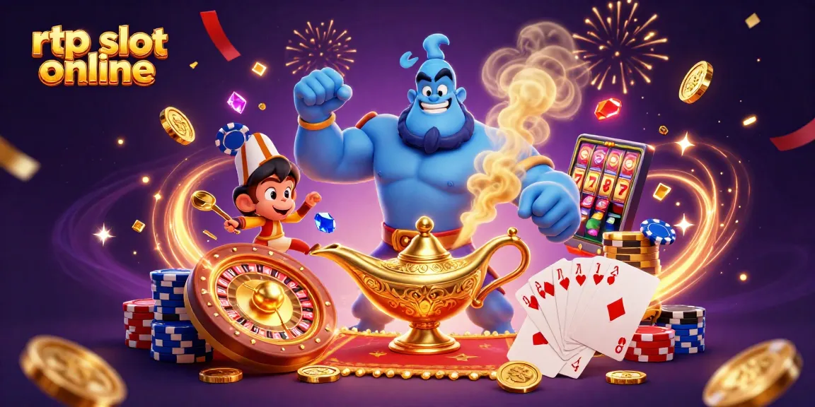 Engage with the excitement of rtp slot online featuring a magical genie, treasure coins, and spinning roulette wheel.