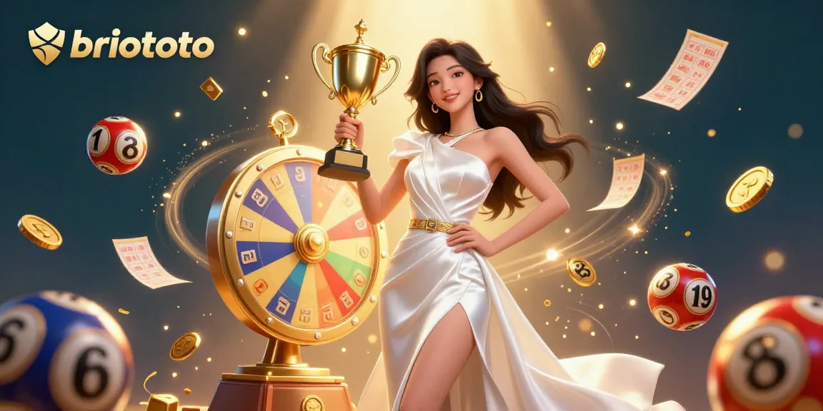 Briototo showcases an exciting lottery scene featuring a victorious Asian woman with a trophy, surrounded by colorful elements.