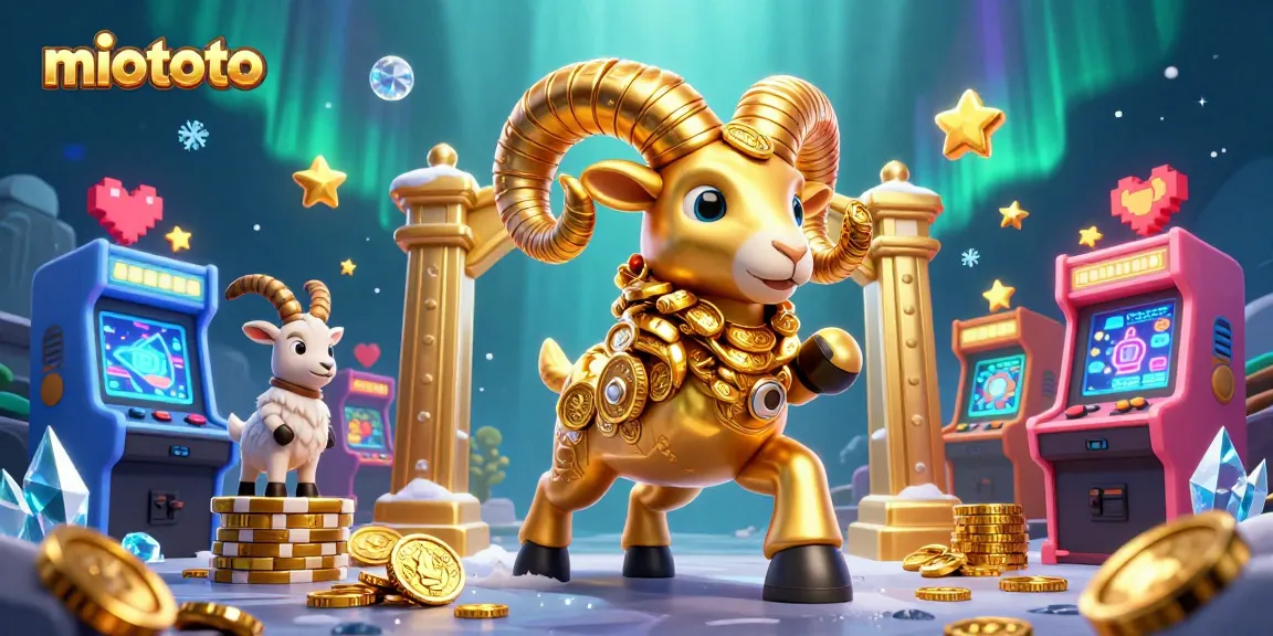 Win big with miototo using a massive golden ram in a dazzling casino illustration.