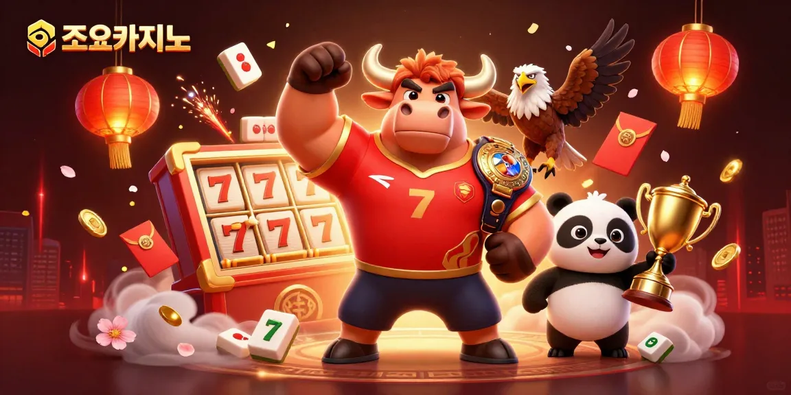 Experience epic wins at 조이카지노 with dynamic characters, slot reels, and Chinese decorations.