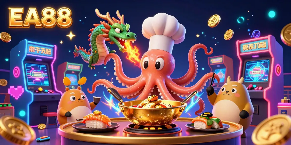 Experience thrilling gameplay at EA88, featuring a dynamic casino scene with an octopus chef, dragon, and vibrant gaming elements.