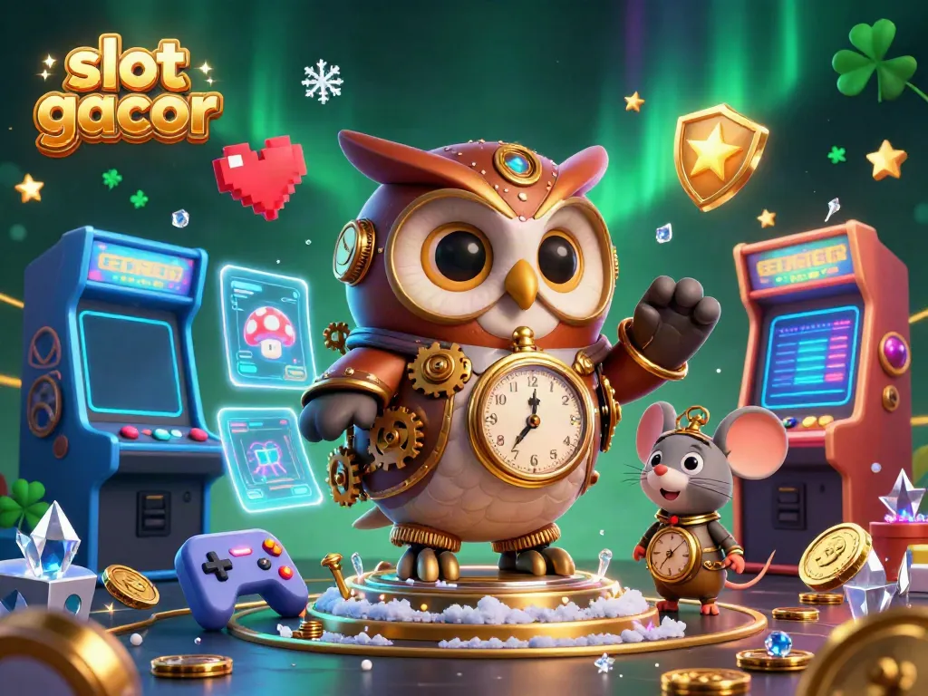 Explore slot gacor features in a vibrant casino scene with a steampunk owl and dynamic game elements.