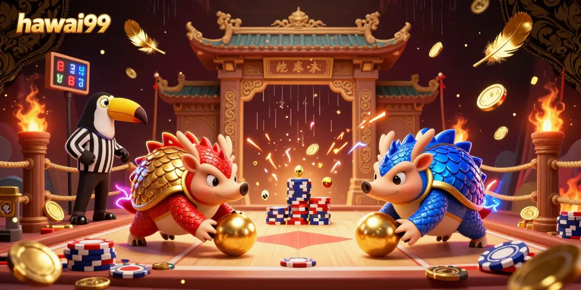 Engage with hawai99 as rival pangolins battle through poker chips in a vibrant 3D casino scene.