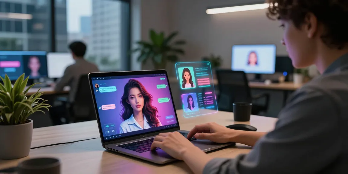 Engaging tech workspace featuring AI gf chat interface with avatars