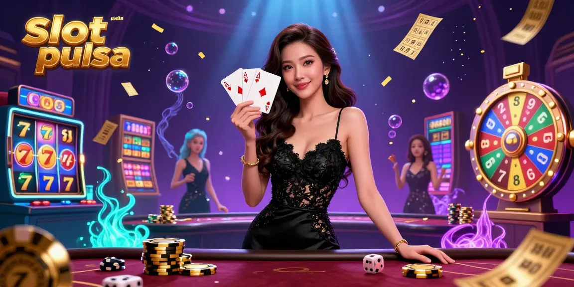 Rasakan kegembiraan slot pulsa dengan suasana kasino yang mewah menampilkan wanita Asia yang stylish dan elemen permainan yang vibrant.