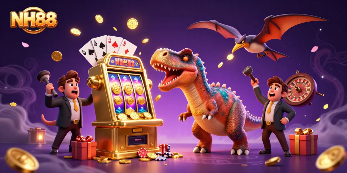 NH88 features a 3D pachycephalosaurus engaging with a slot machine, surrounded by casino elements.