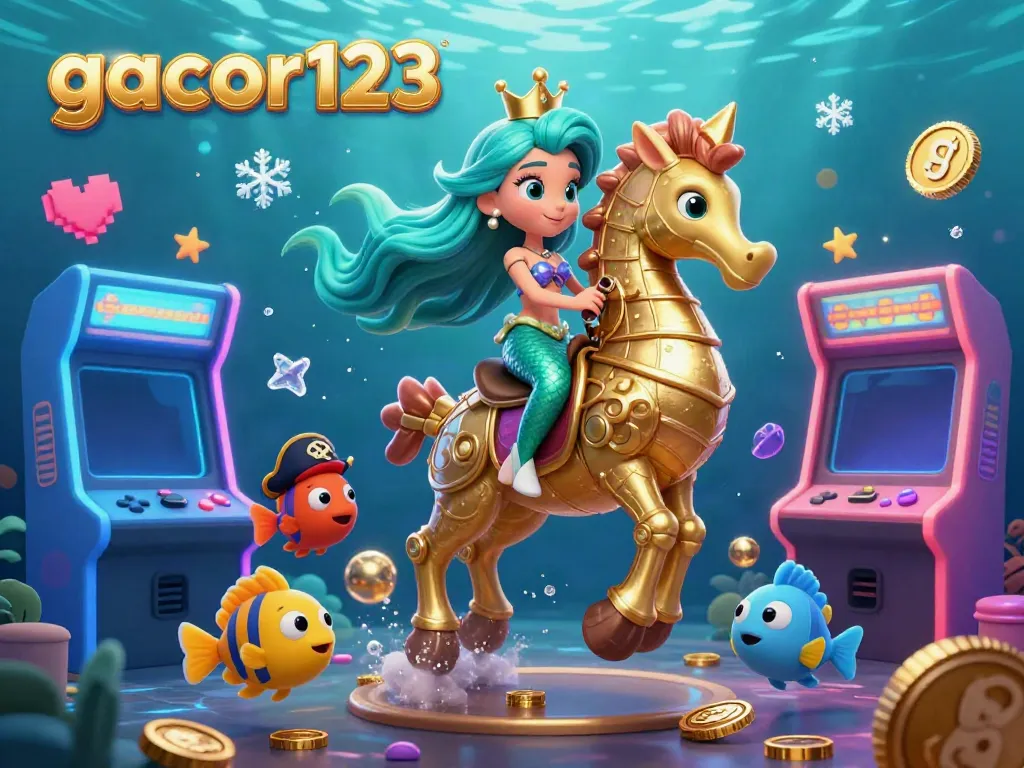 Experience gacor123 with engaging 3D mermaid rides, vibrant game machines, and lively underwater scenery.