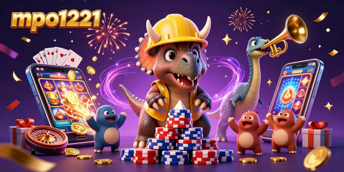 Menampilkan mpo1221 dalam ilustrasi kasino 3D yang penuh warna dan meriah dengan tema slot.