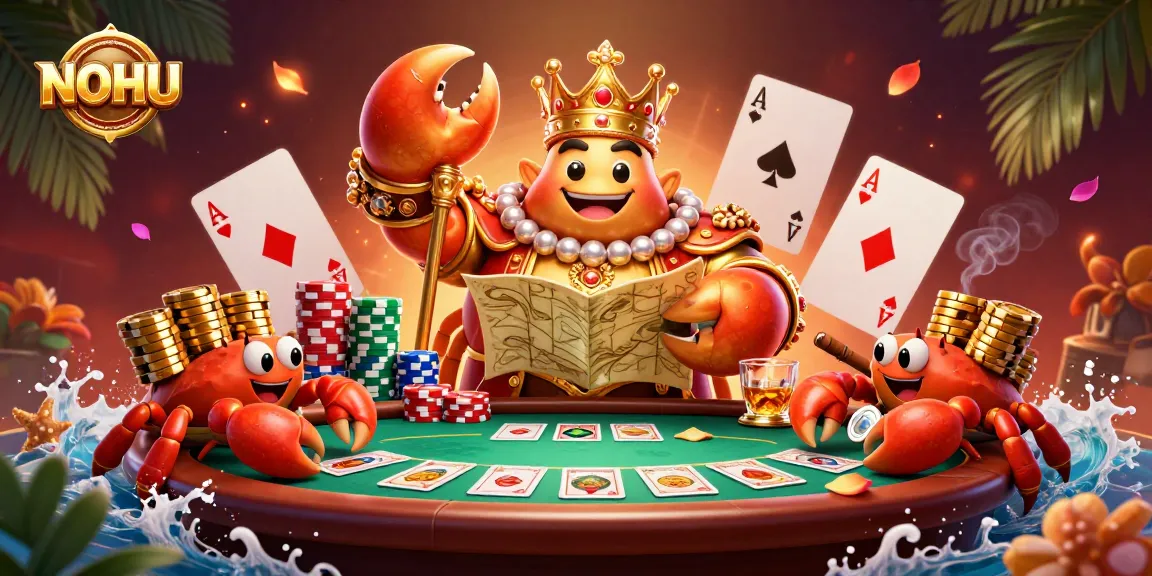 Engage with NOHU's exciting casino theme featuring a golden crab emperor and vibrant poker elements.