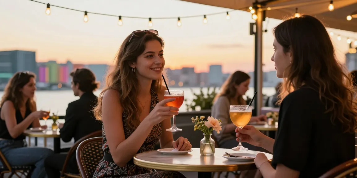 Charming cafe scene featuring euro girls escort interacting with friends during sunset.
