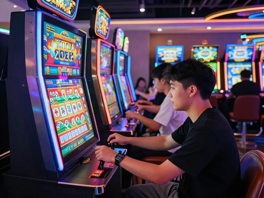 Penggemar mesin Mahjong Ways 2 bermain di kasino modern dengan suasana ceria.