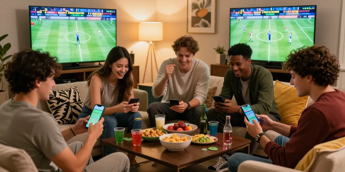 Friends enjoying fun88casino together, checking betting updates with snacks in cozy atmosphere.
