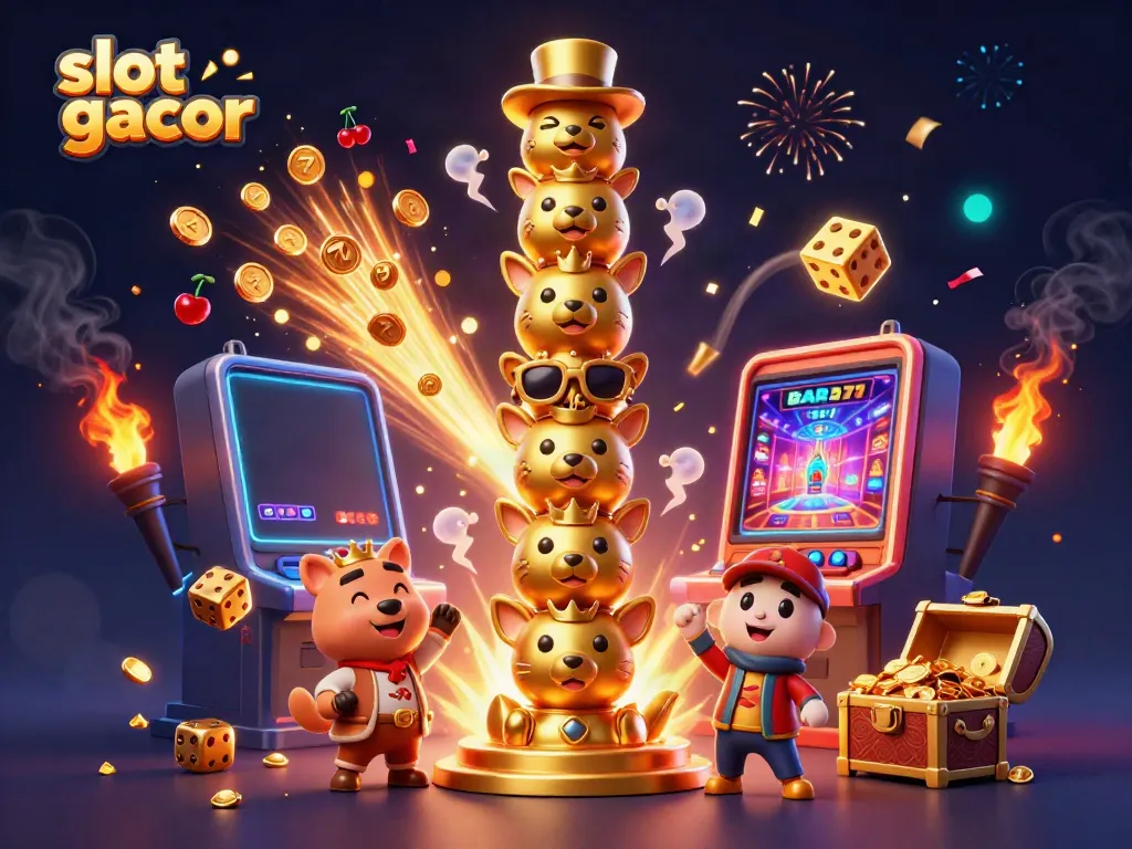 Engage with slot gacor through an immersive 3D illustration showcasing vibrant casino elements and  animated characters.