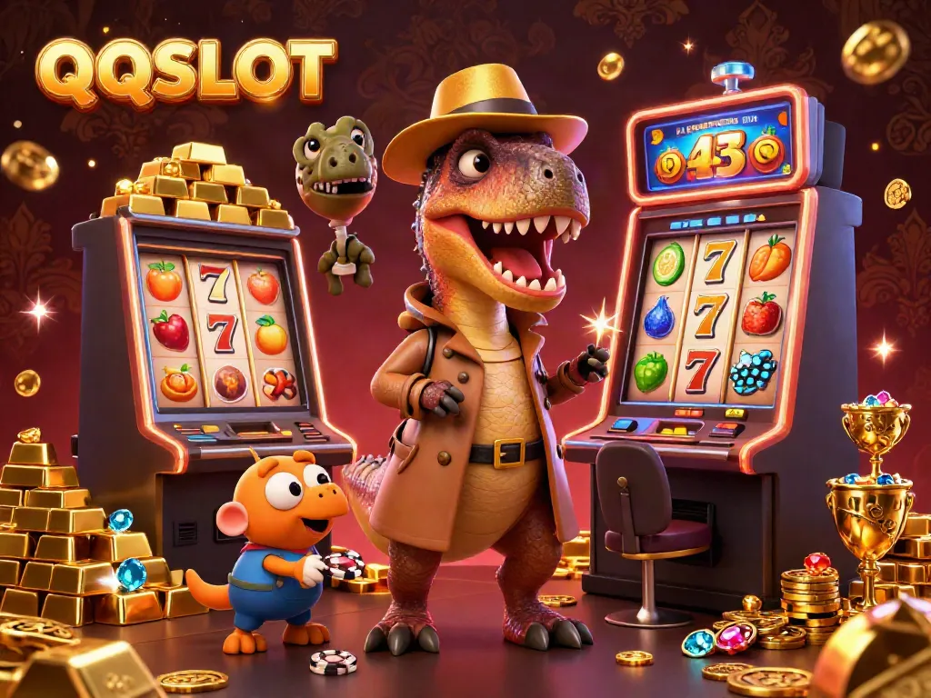 Experience the thrill of QQSLOT gaming with a velociraptor card counter, slot machine, and sparkling treasure.