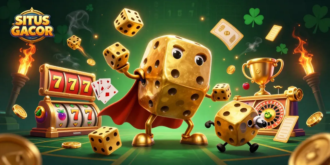 SITUS GACOR showcases a lively 3D scene with a golden dice golem and vibrant slot game elements.