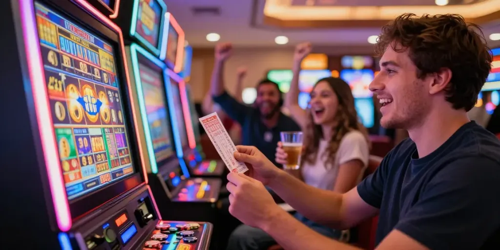 Excited player celebrating a win at the slot machine in a lively casino.