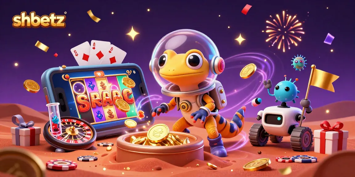 Join the excitement at shbetz as a Martian gecko explores a golden casino filled with thrilling games!